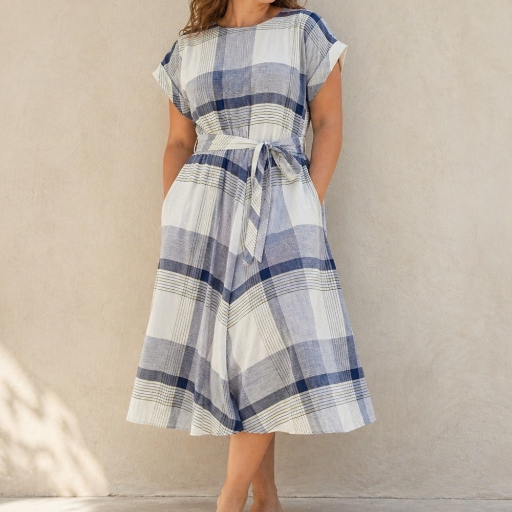 Vintage 90s LISA II Plaid Midi Day Dress Sash Belt Coastal Cottagecore‎ USA